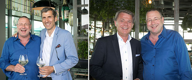 Links: Herausgeber Nikolas Rechenberg, Frieder Niemann Rechts: Thomas Edelkamp (Romantik Hotels) 10 Jahre Gourmetwelten mit Haya Molcho im NENI