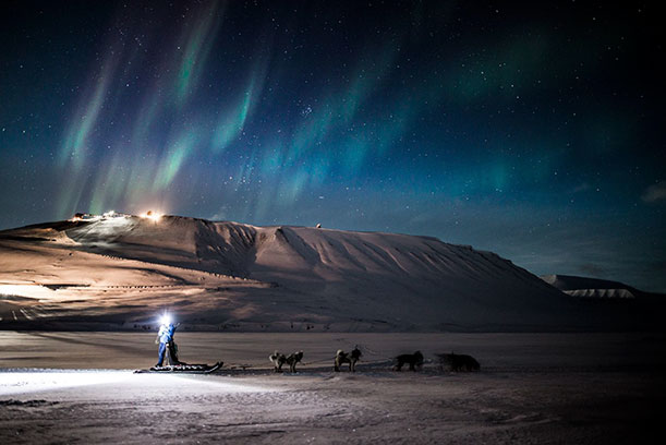 Dog sledding under the northern lights © Green Dog / Hurtigruten Svalbard