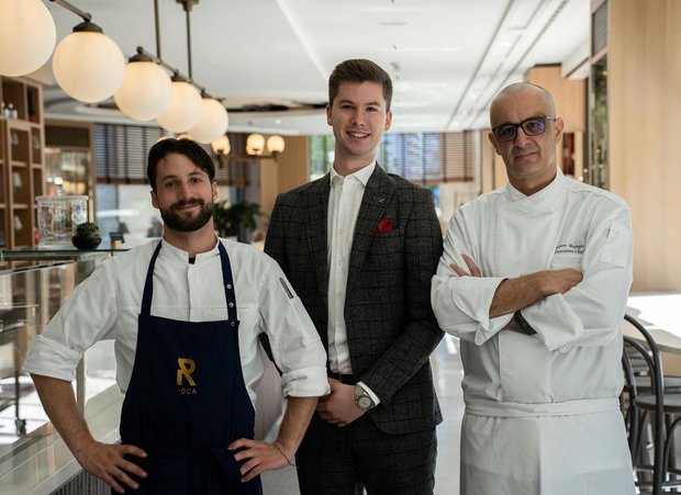 Julian Palikoglou, Kevin Stummer und Robert Mujagic - Restaurant Roca Foto: Waldorf Astoria Berlin